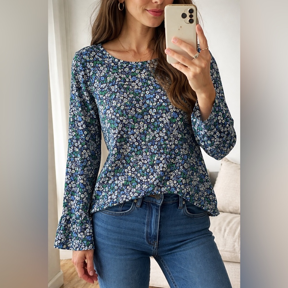 Banana Republic Blue & Green Floral Long Sleeve Blouse Size Small